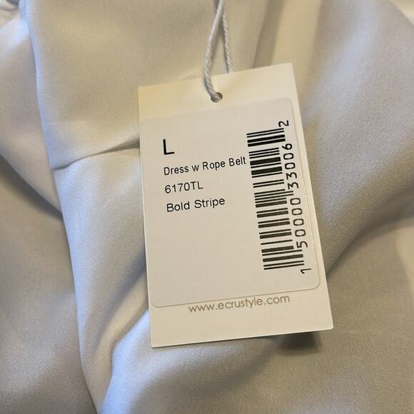 Ecru Black White Bold Stripe Button Front Sleeveless Dress Rope Belt Large NWT - Picture 8 of 8